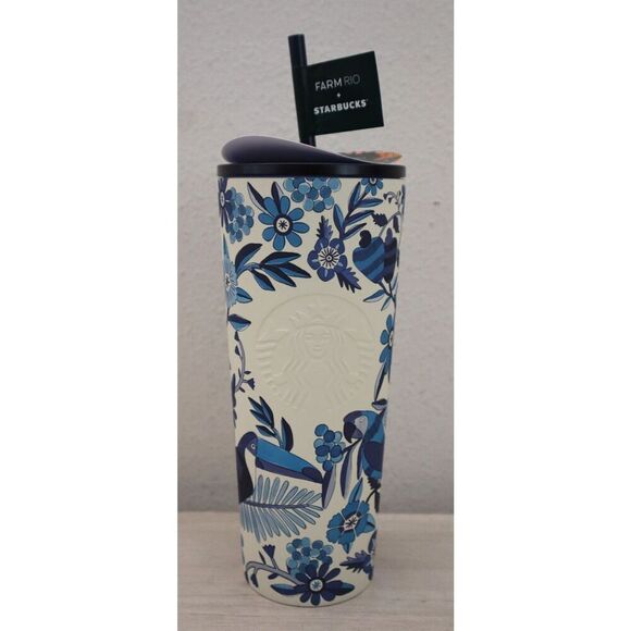 Farm Rio +Starbucks Blue/White Floral 24oz Cold Cup Tumbler Summer '25 Lmt. Edt. - Picture 1 of 10